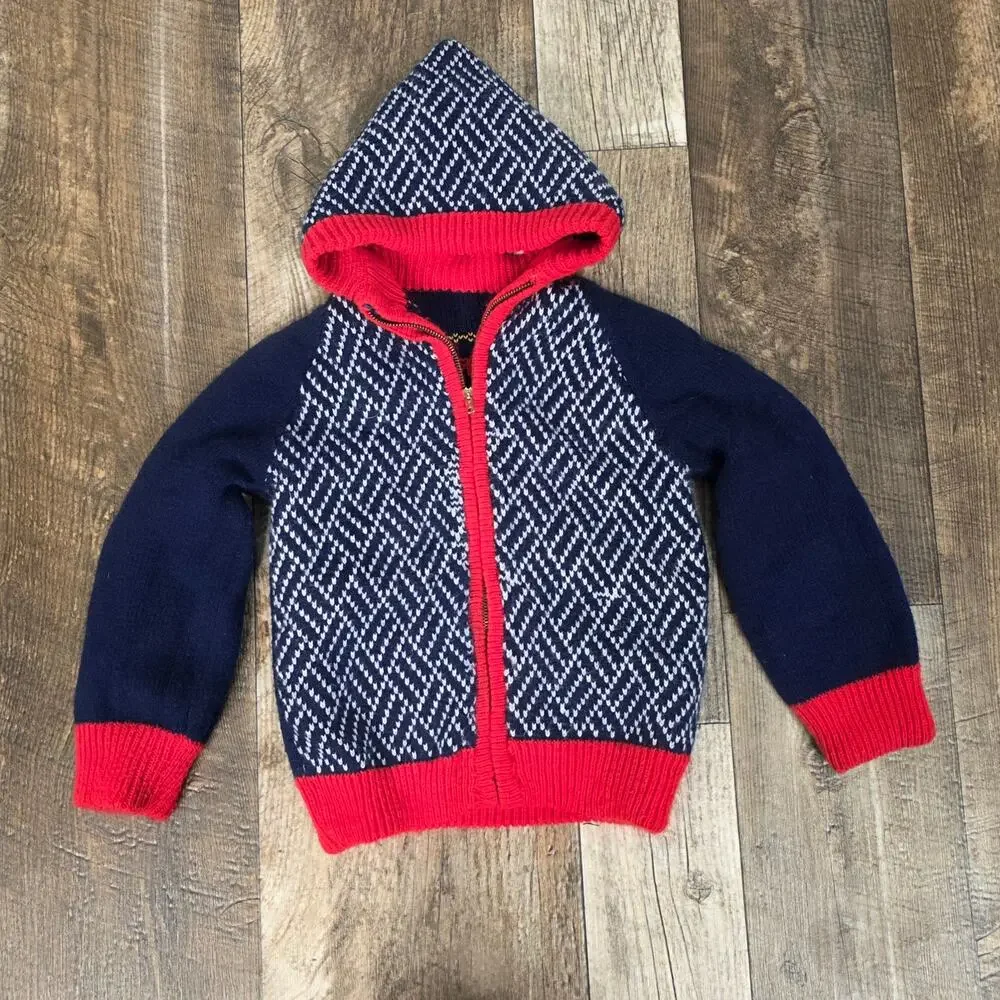 Vintage Kids Reversible Cat Sweater Hoodie Navy Red Zip Cardigan Novelty